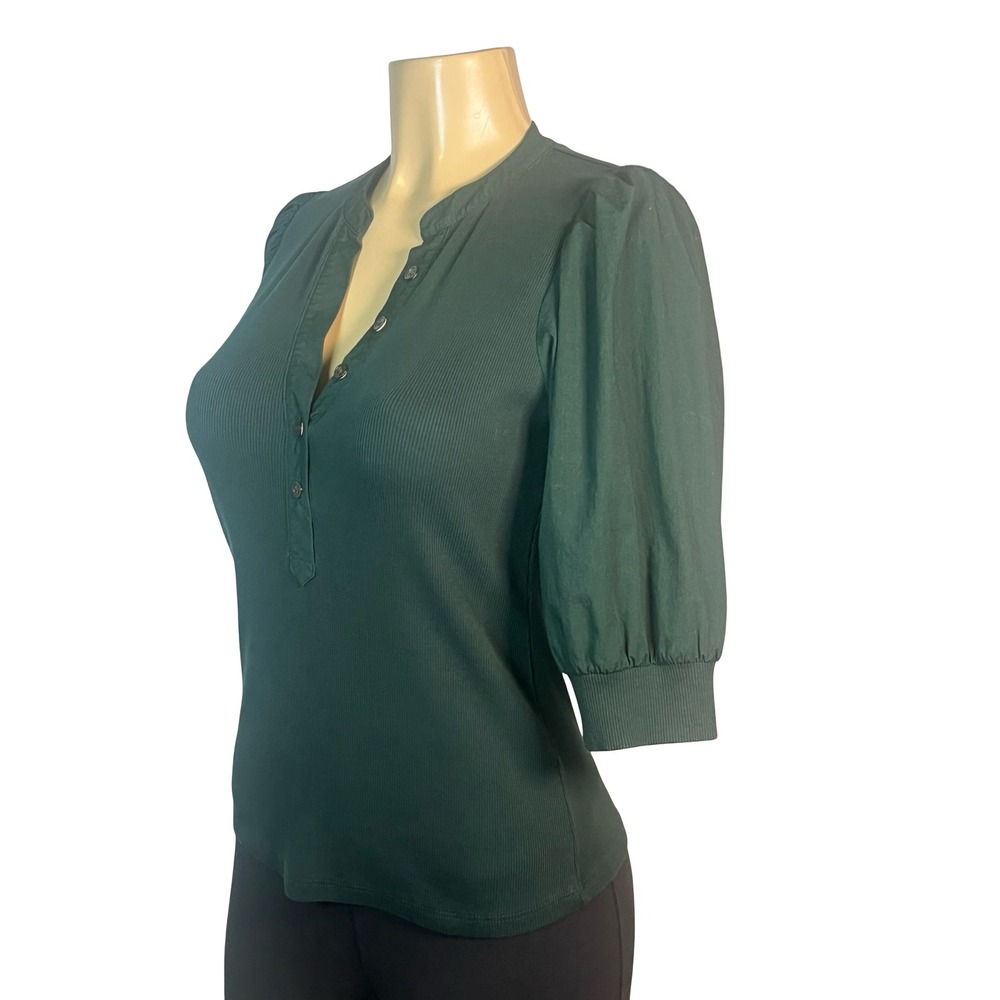 Veronica Beard Green Ribbed Henley Puff Sleeve Top Small Designer